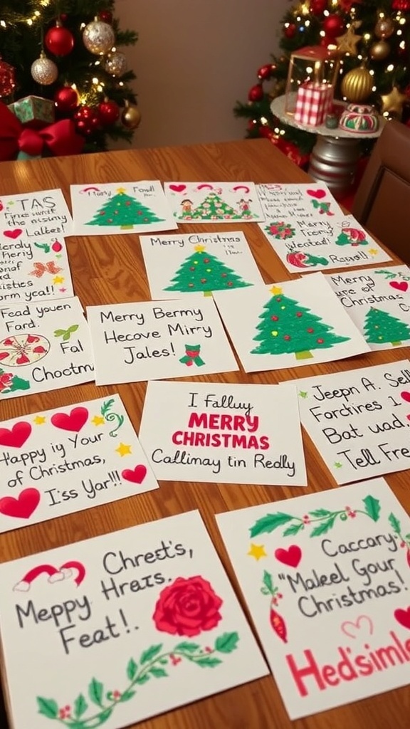 A display of homemade Christmas cards with festive designs and messages on a wooden table.